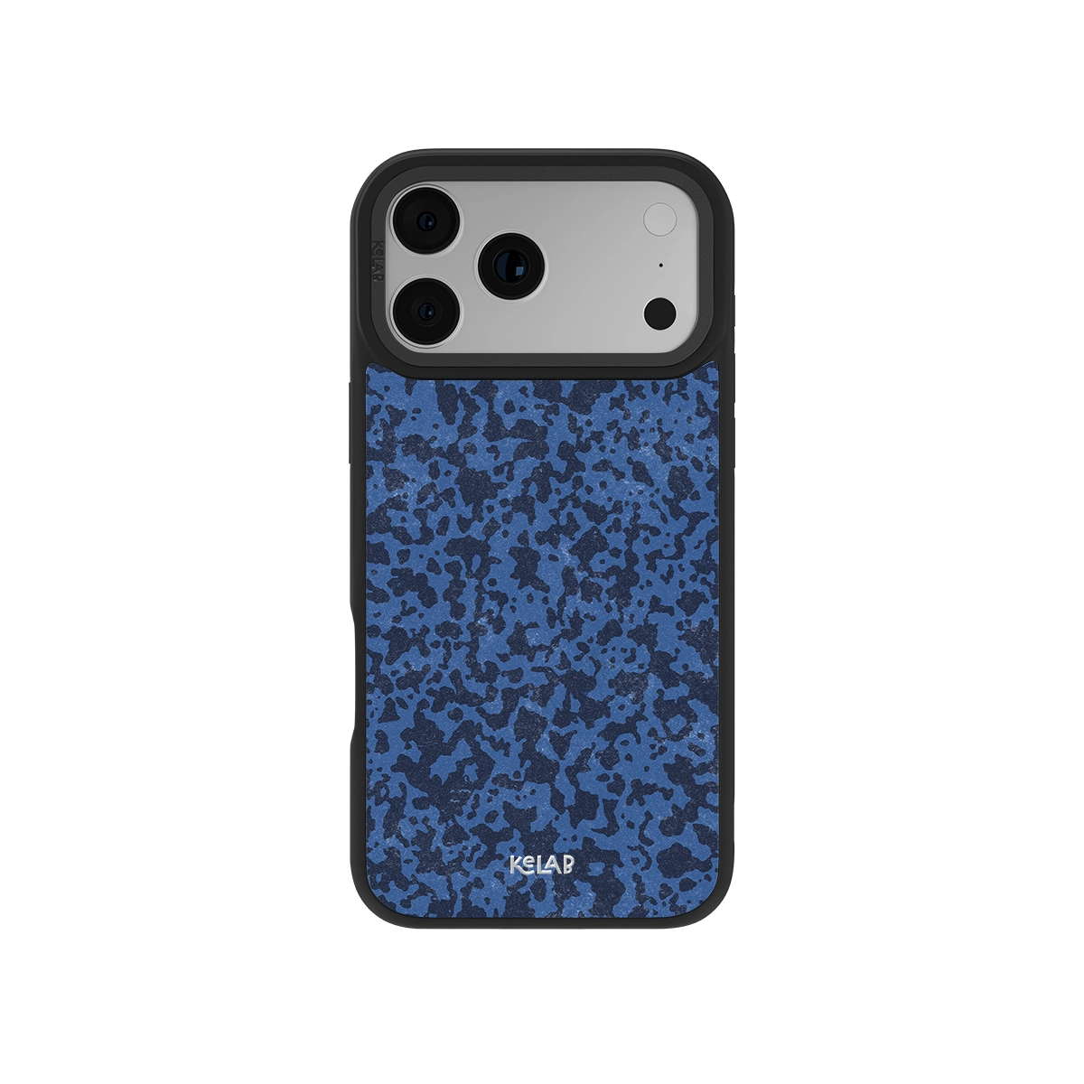 Blue Marble & Streetwear Style iPhone Case with abstract indigo acid wash texture, featuring a sleek black bumper for modern tech protection.