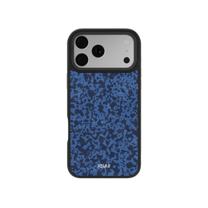 Blue Marble & Streetwear Style iPhone Case with abstract indigo acid wash texture, featuring a sleek black bumper for modern tech protection.