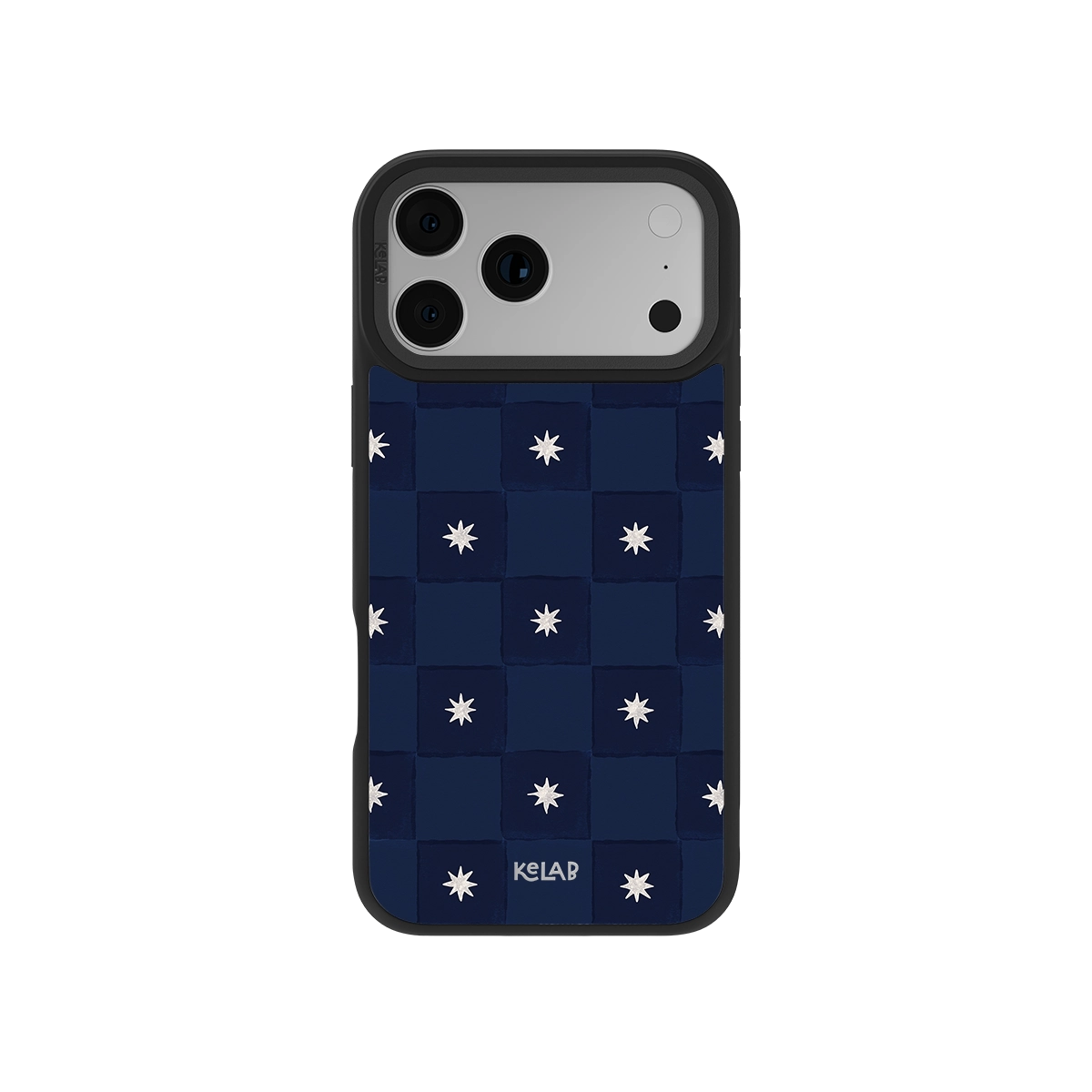 Navy Checkered iPhone Case with Celestial Design featuring white vintage stars on a deep indigo grid, perfect for dark academia and nautical styles.