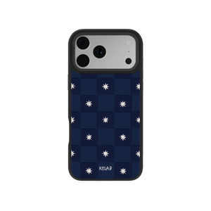 Navy Checkered iPhone Case with Celestial Design featuring white vintage stars on a deep indigo grid, perfect for dark academia and nautical styles.