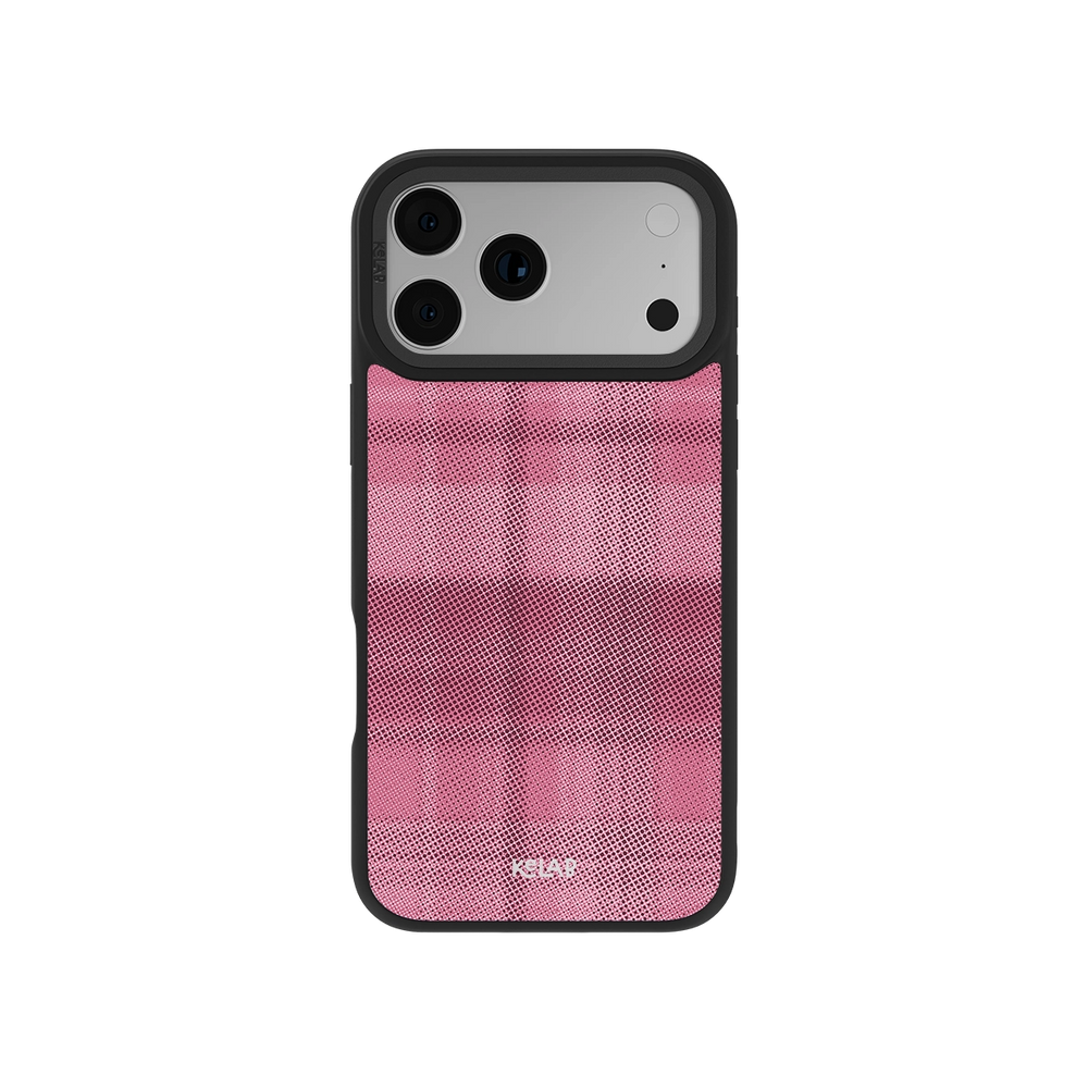 Pink plaid phone case with black border for iPhone 11, stylish and protective design.