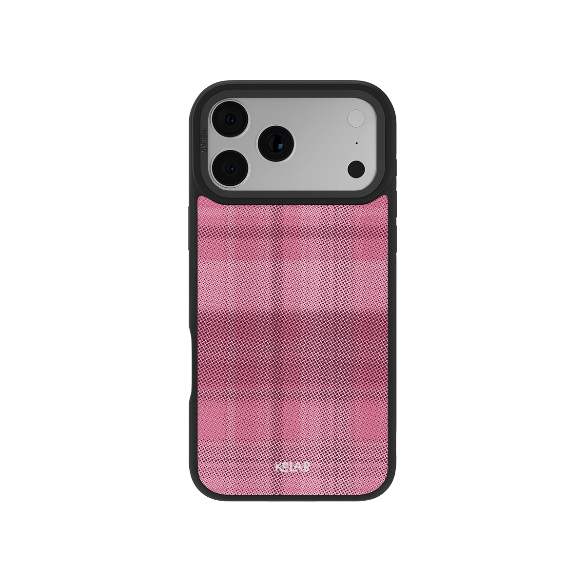 Pink plaid phone case with black border for iPhone 11, stylish and protective design.