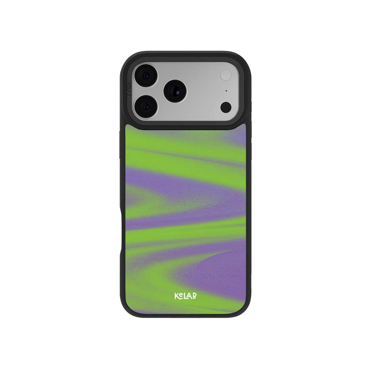 Colorful green and purple phone case for iPhone, durable material with modern wavy design.