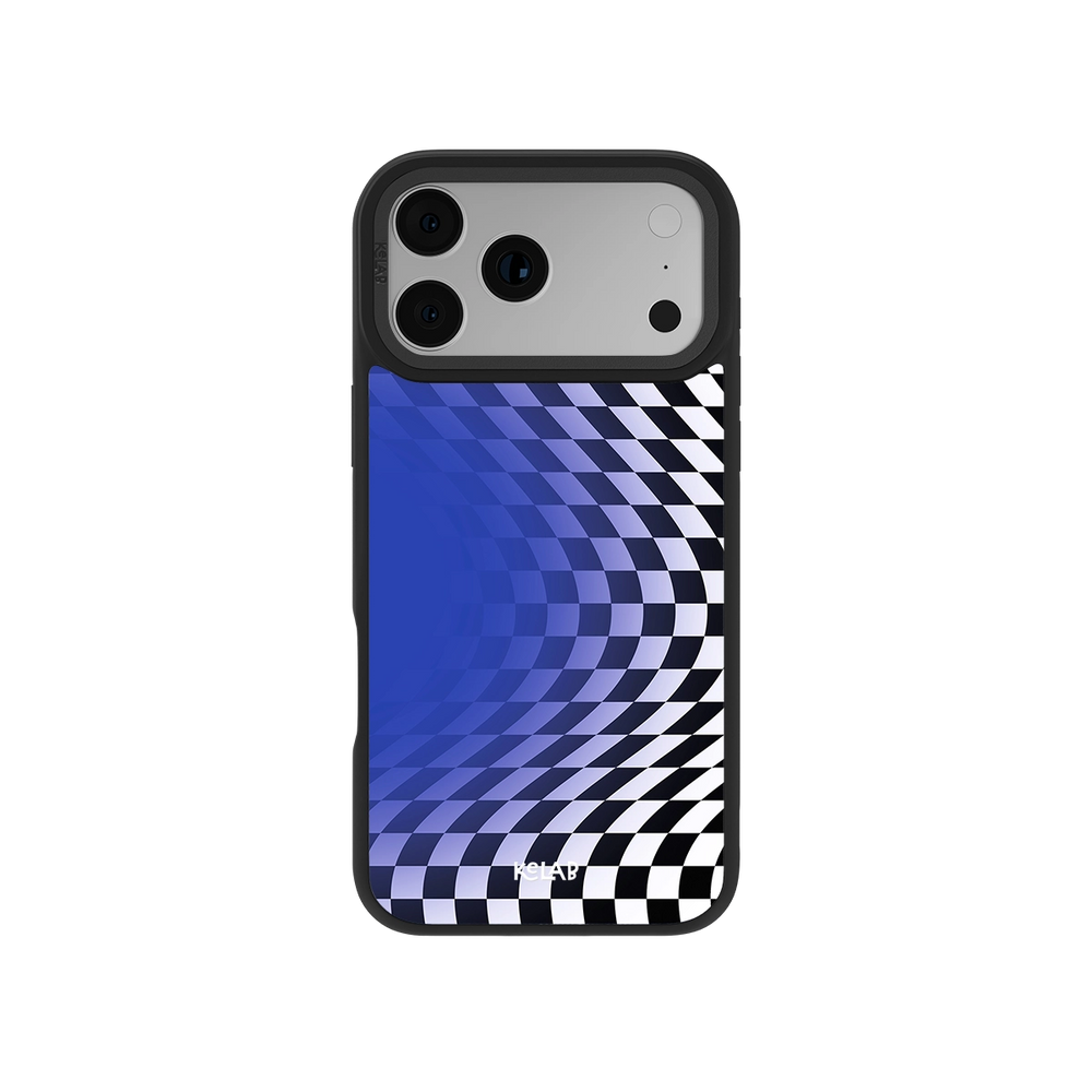 Vibrant blue and black checker pattern phone case for iPhone, durable and stylish.