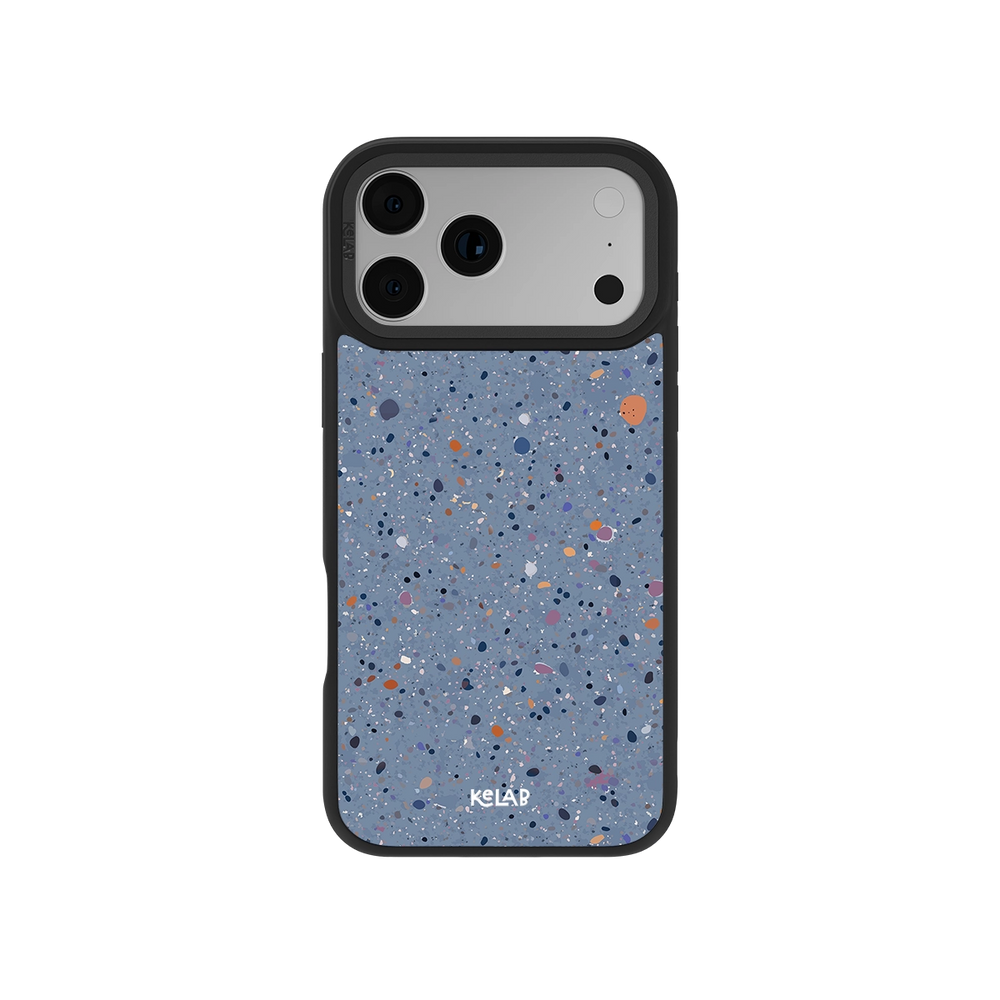 Blue terrazzo phone case with black edges, designed for modern smartphones.