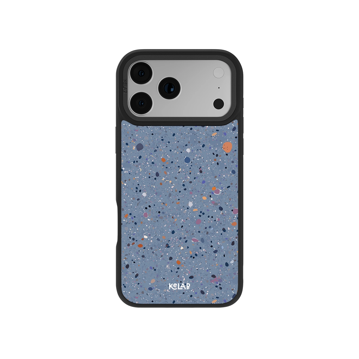 Blue terrazzo phone case with black edges, designed for modern smartphones.
