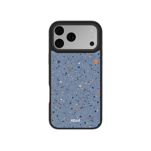 Blue terrazzo phone case with black edges, designed for modern smartphones.