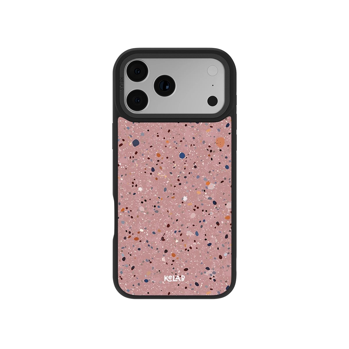 Pink terrazzo phone case with black edges for iPhone, durable material, stylish and protective design.