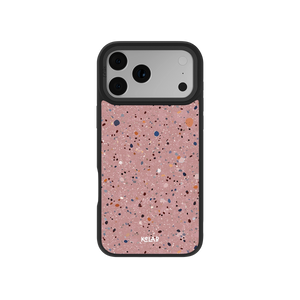 Pink terrazzo phone case with black edges for iPhone, durable material, stylish and protective design.