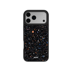 Black speckled iPhone case with vibrant colorful dots, durable material for protection.