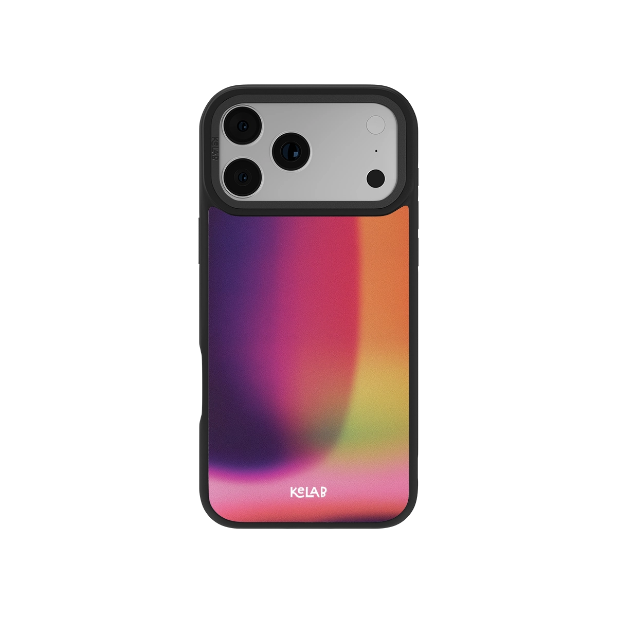 Colorful gradient phone case for iPhone, durable black frame, stylish design by KELAB.