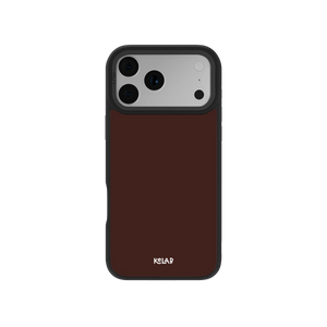 Brown phone case for iPhone with black edges, made of durable material, featuring a sleek design.