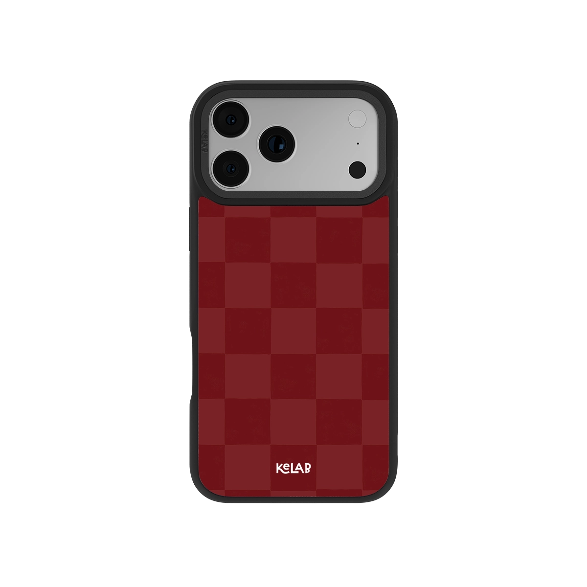 Red checkerboard phone case for iPhone, durable material with black edges, stylish and protective.
