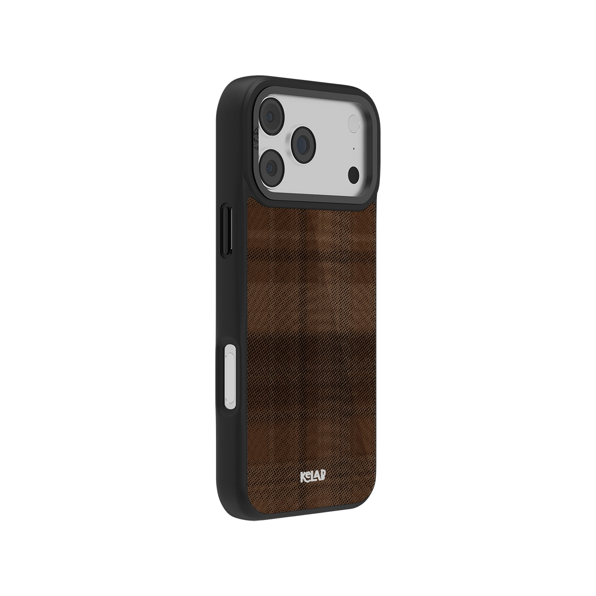 Brown plaid iPhone case with a black frame, durable material, stylish design for protection and aesthetics
