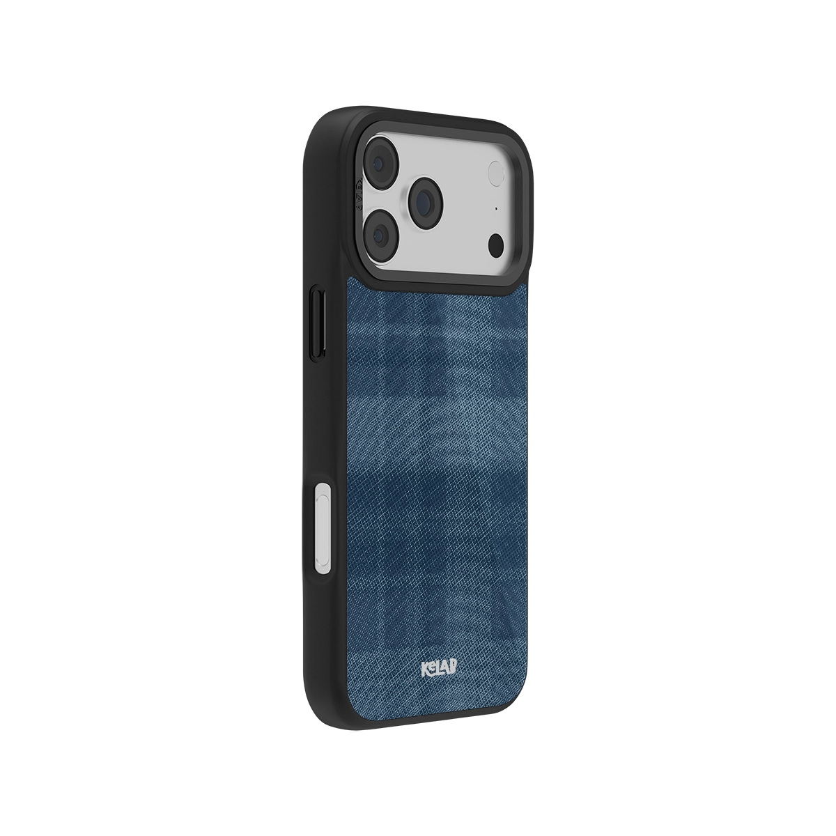 Stylish iPhone case in black with a blue denim pattern, offering sleek protection and modern design.