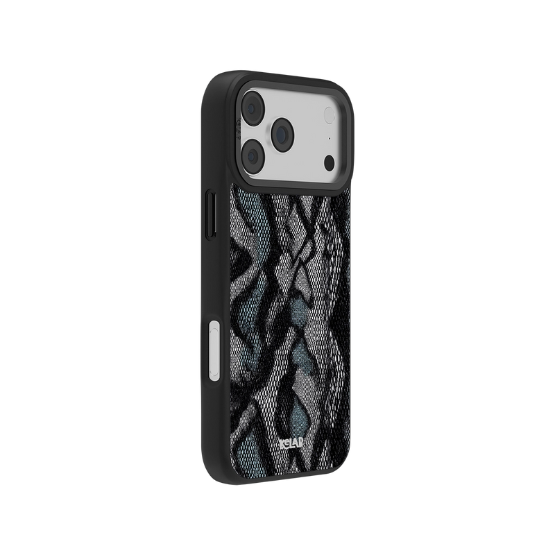 Stylish iPhone case in snakeskin texture with teal and black accents, offering a sleek and modern look.