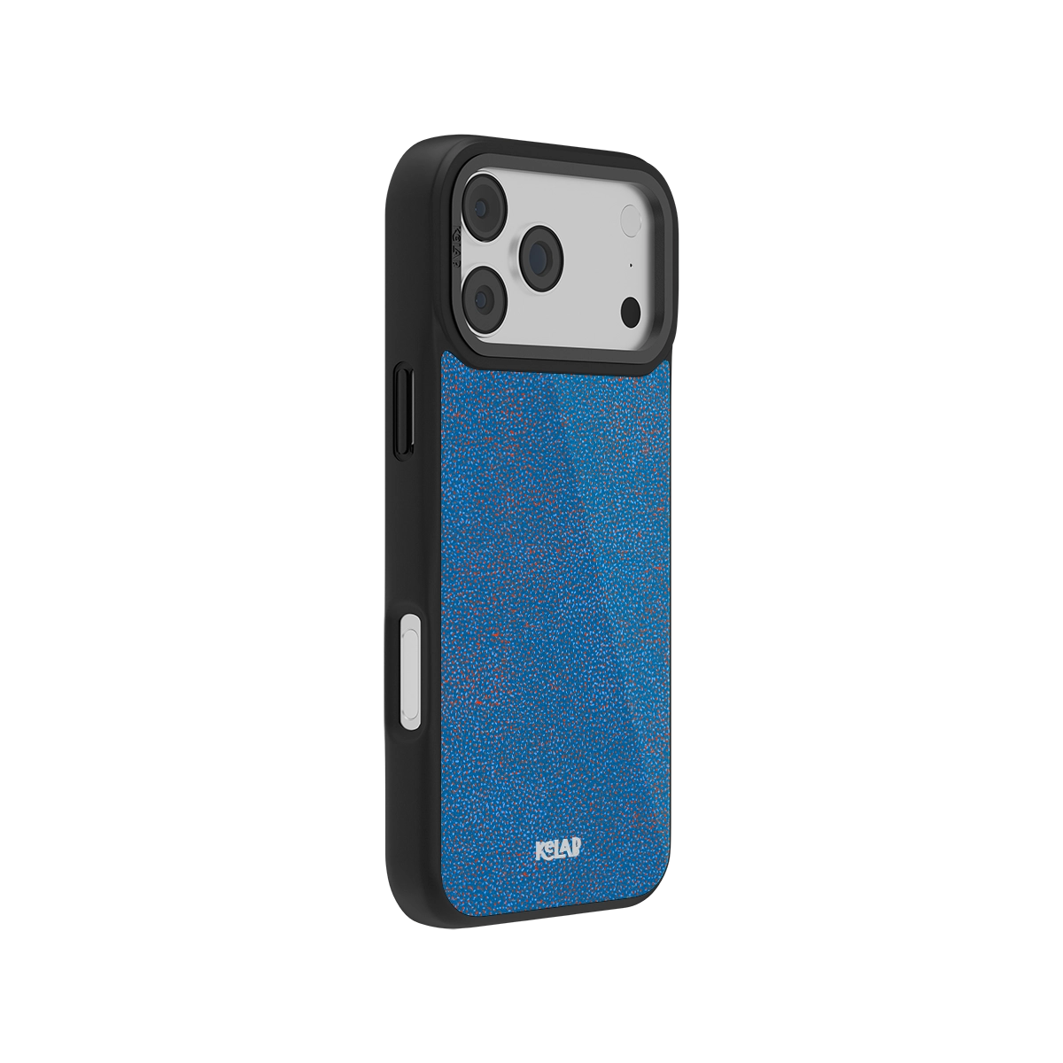 Angled view of KELAB Blue Micro Dotted iPhone Case showing sleek black frame and textured digital grain back for stylish and secure grip.