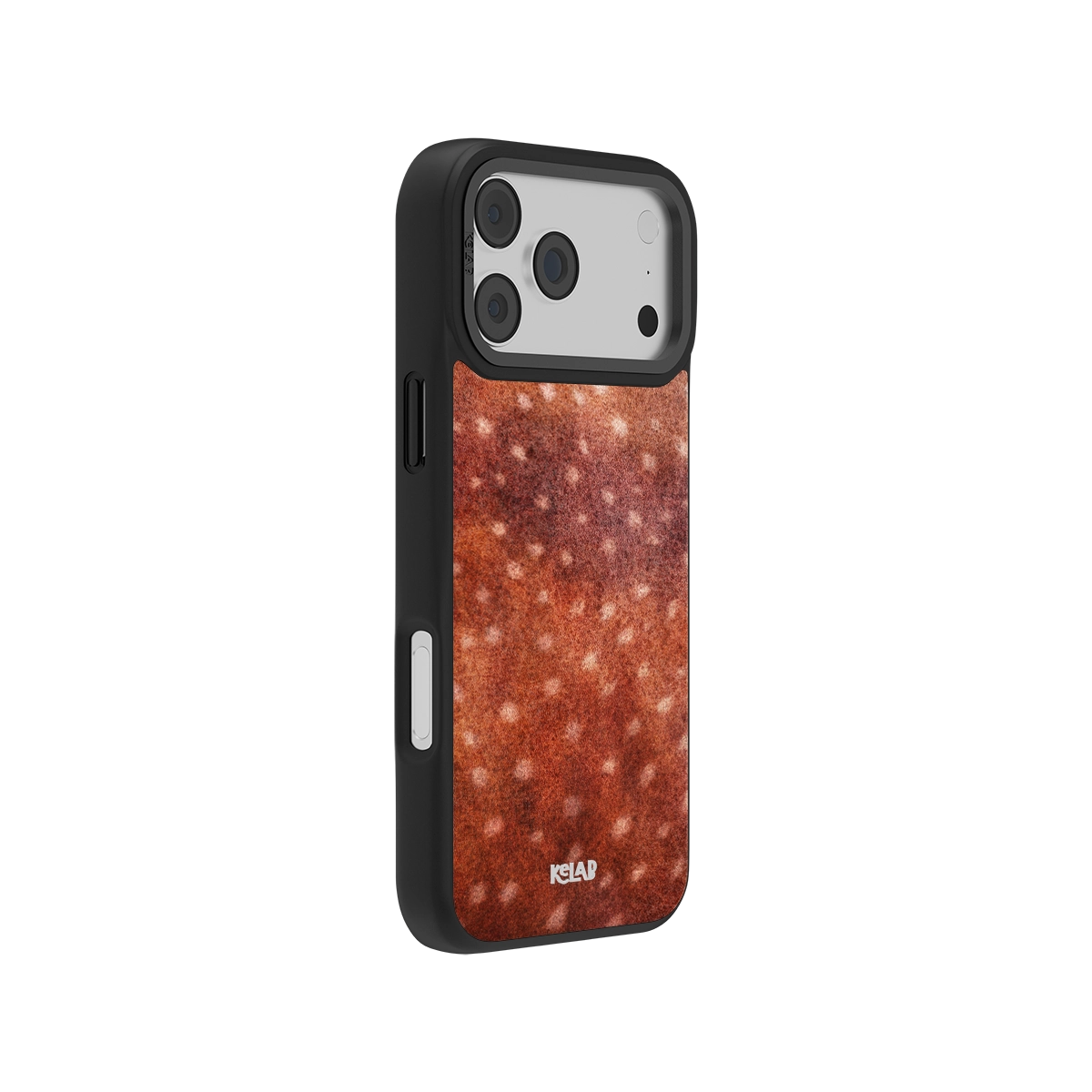 Classic phone case in burnt orange with fawn print and warm brown tones. Earthy accessory with side button access and protective black edges.