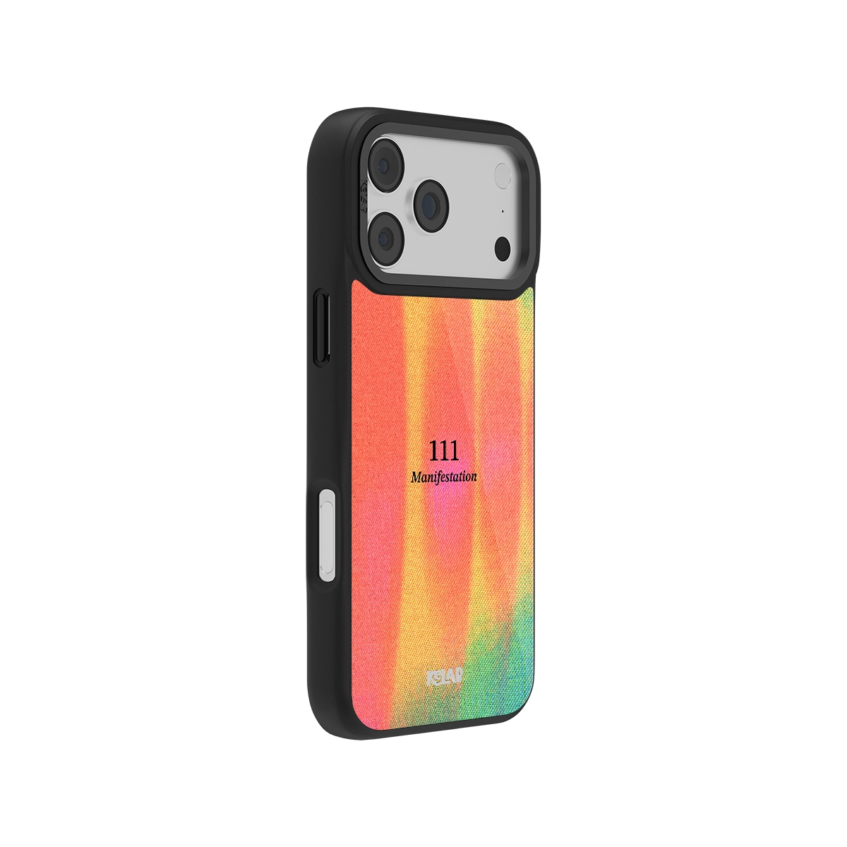 Side view of Angel Number 111 iPhone case showcasing colorful abstract gradient and slim protective profile with spiritual design.