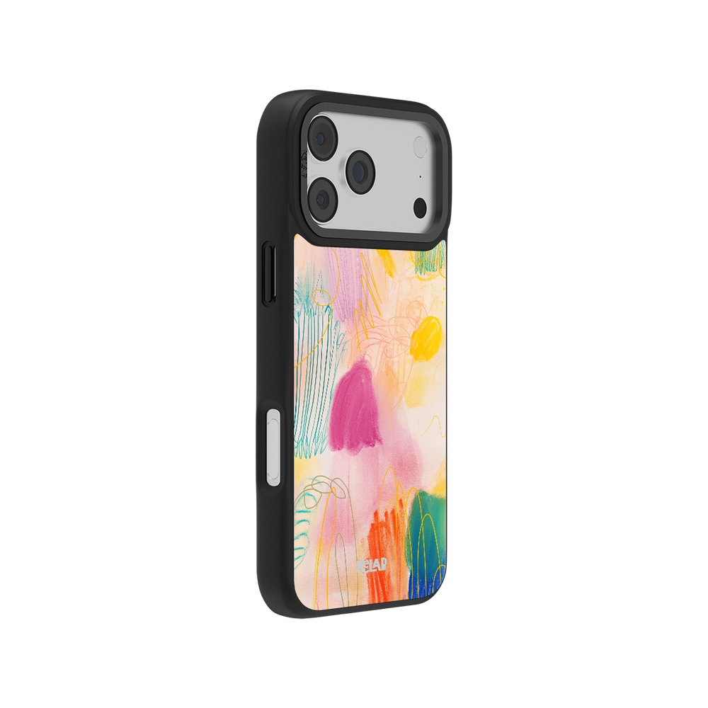 Side view of KELAB Abstract Design Art iPhone Case showing vibrant hand-drawn crayon textures and sleek black bumper for stylish protection.