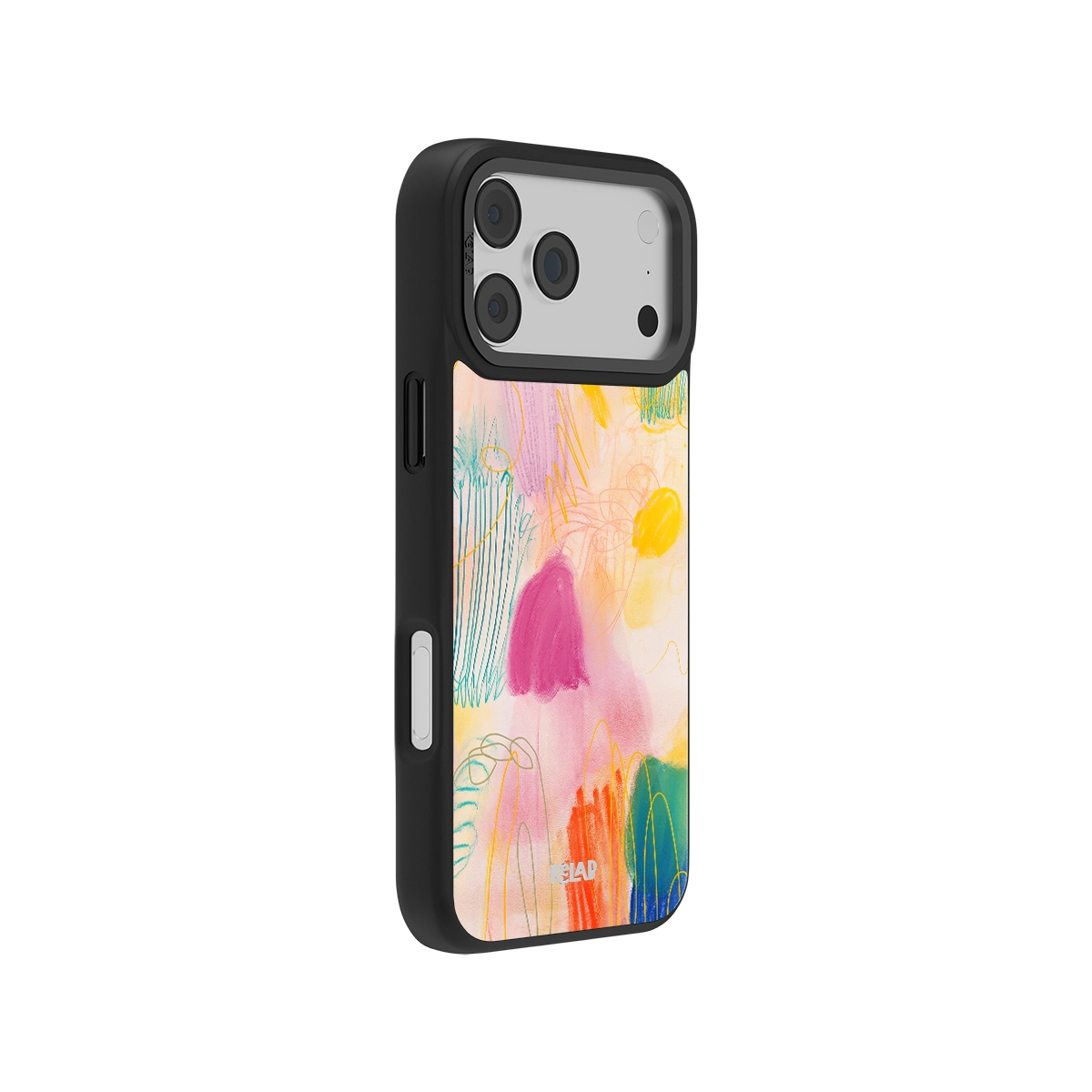 Side view of KELAB Abstract Design Art iPhone Case showing vibrant hand-drawn crayon textures and sleek black bumper for stylish protection.