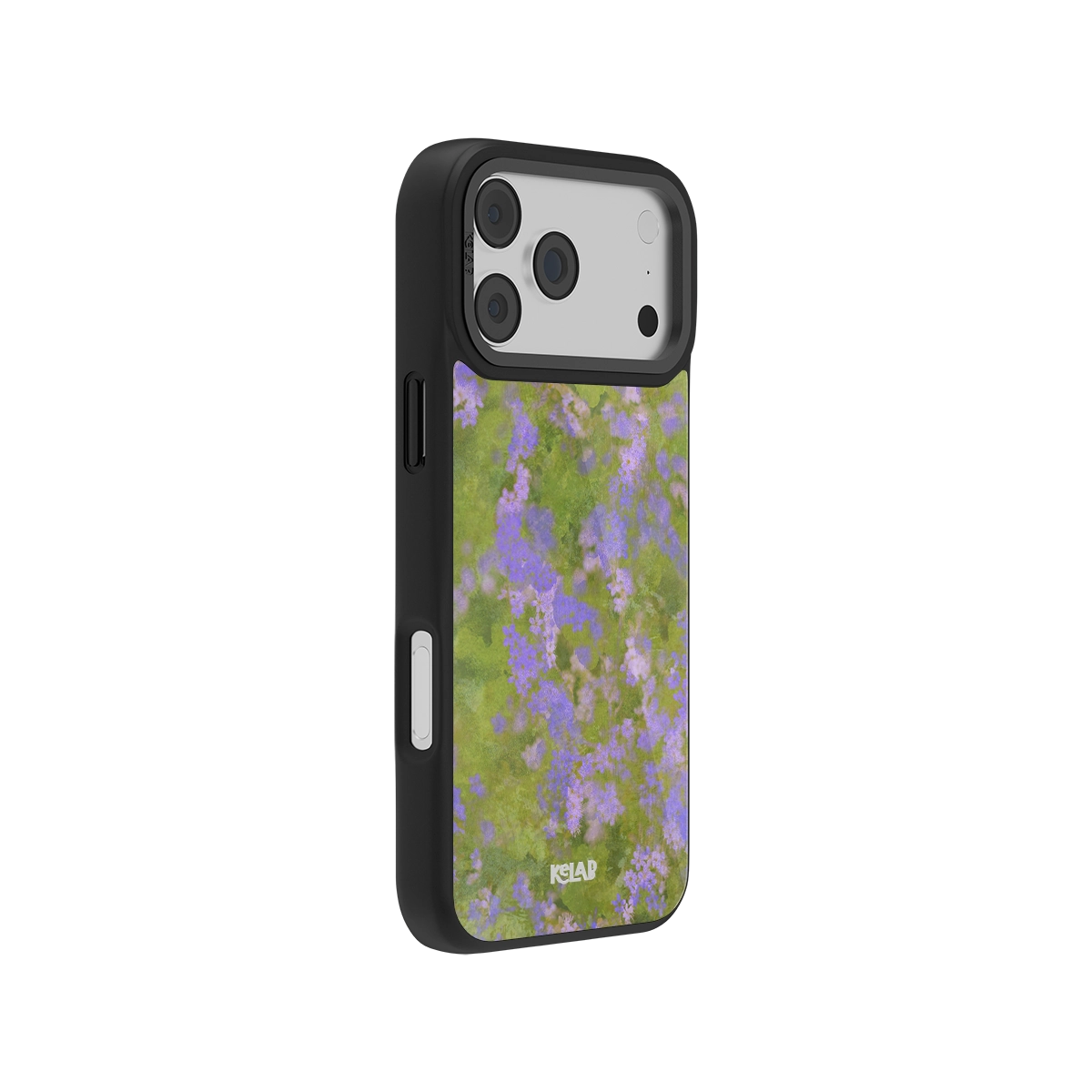 Side view of the Lavender Bloom iPhone Case showing the slim profile and vivid purple wildflower pattern on a green background for aesthetic appeal.