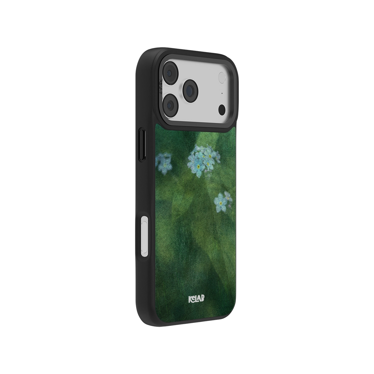 Side view of KELAB Deep Green Floral iPhone Case with artistic blue floral design and sleek black bumper for enhanced grip and protection.