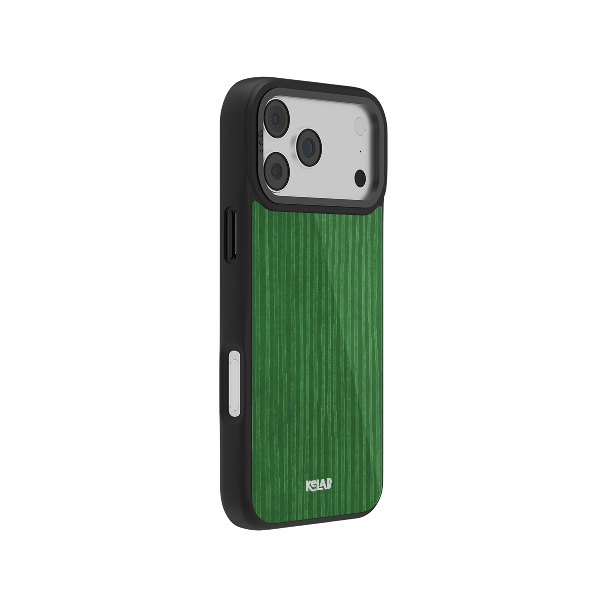 Side view of KELAB Green Stripe Pattern iPhone Case showcasing slim profile and precise cutouts for buttons and ports.