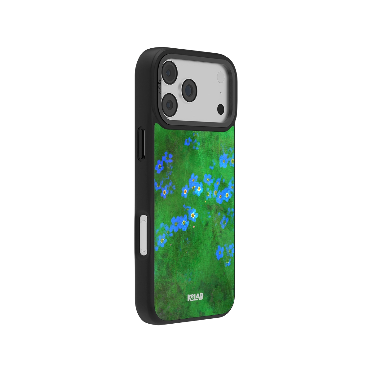 Side view of KELAB's vibrant green floral iPhone case with blue petals, showcasing sleek black edges and precise button cutouts.