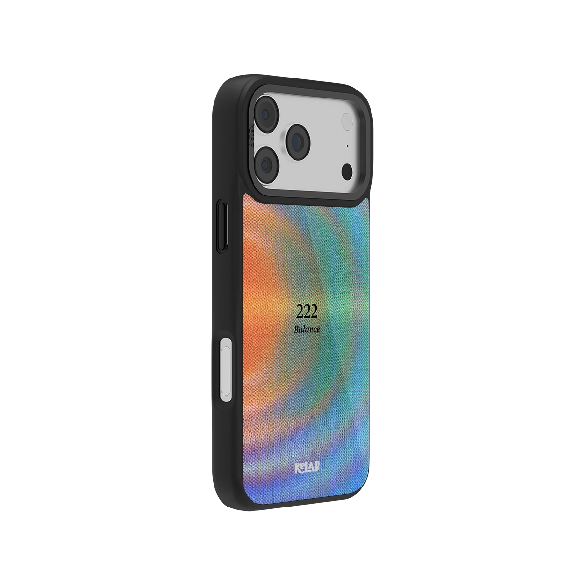 Side view of Angel Number 222 iPhone Case showing colorful abstract gradient and slim black bumper for stylish, protective fit.