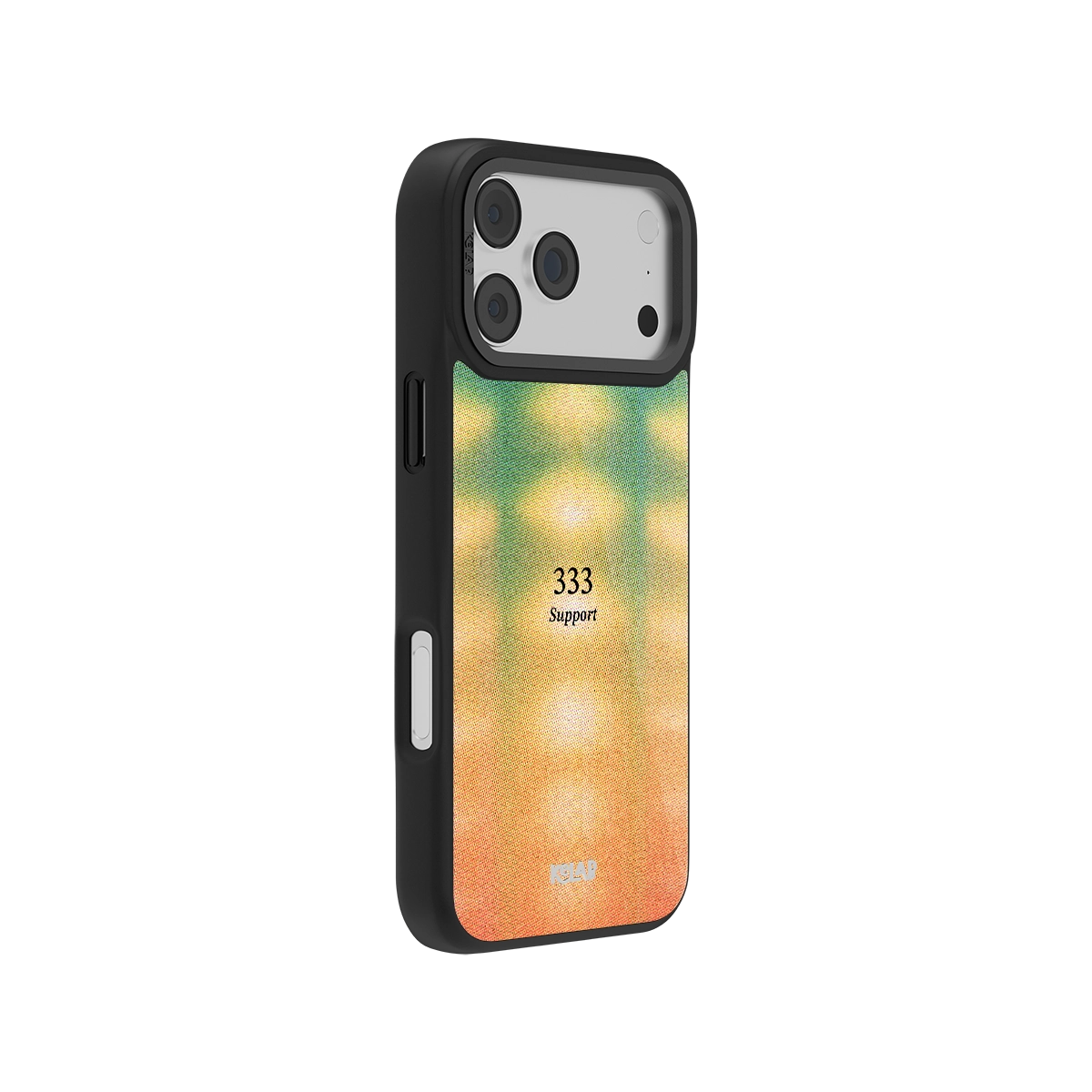 Side view of Angel Number 333 iPhone Case showing colorful abstract gradient and minimal text design with durable black bumper edges.