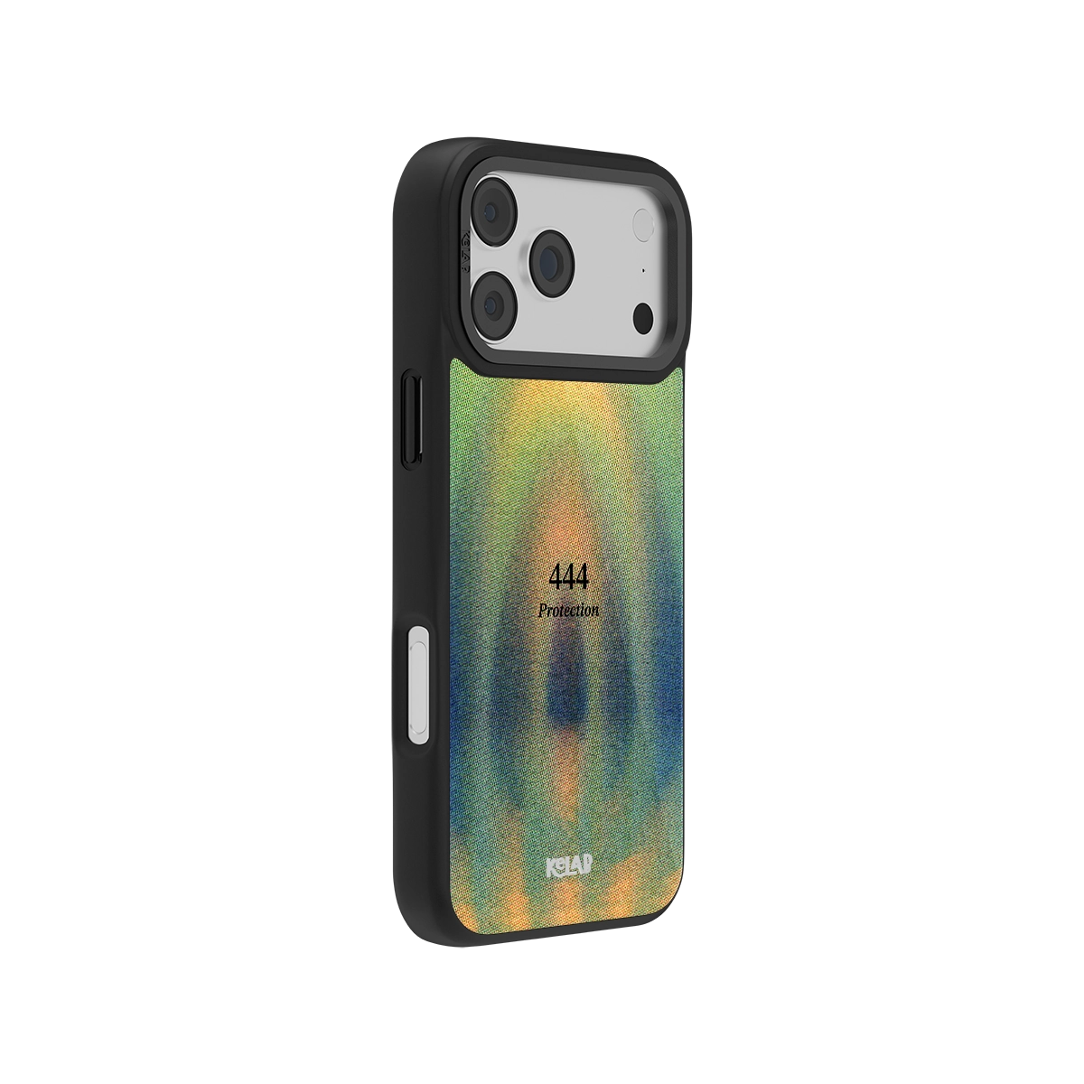 Side view of Angel Number 444 iPhone Case showing colorful abstract gradient and slim protective profile with spiritual design.