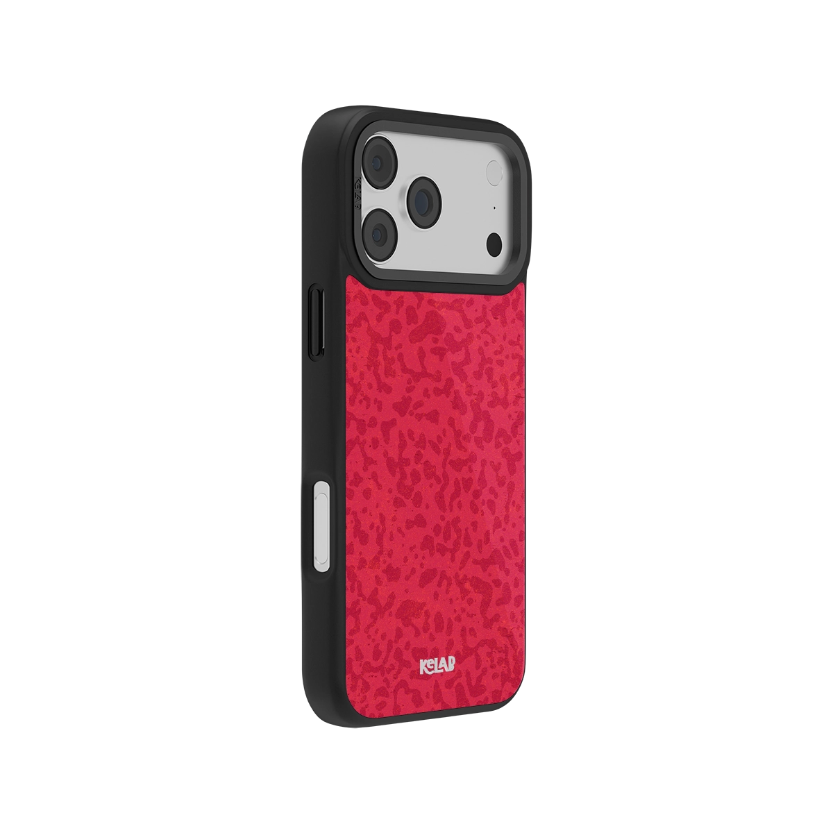 Side view of KELAB red abstract camo iPhone case showing slim profile and durable black edges for enhanced grip.