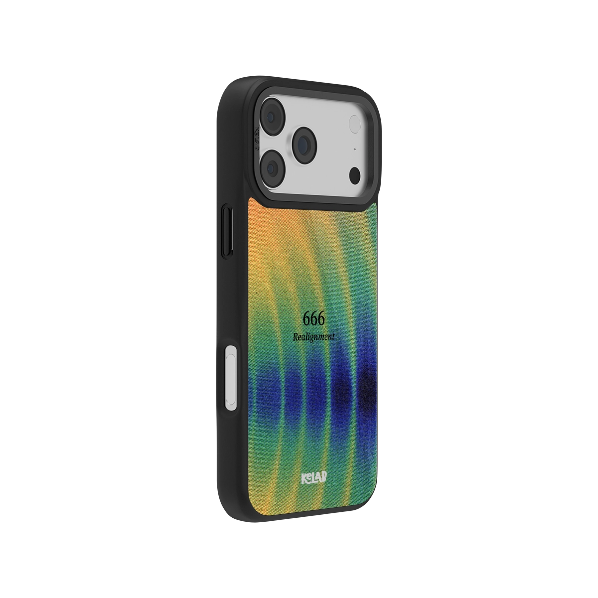 Side view of Angel Number 666 iPhone Case showing colorful abstract gradient and minimal text design with durable black bumper edges.