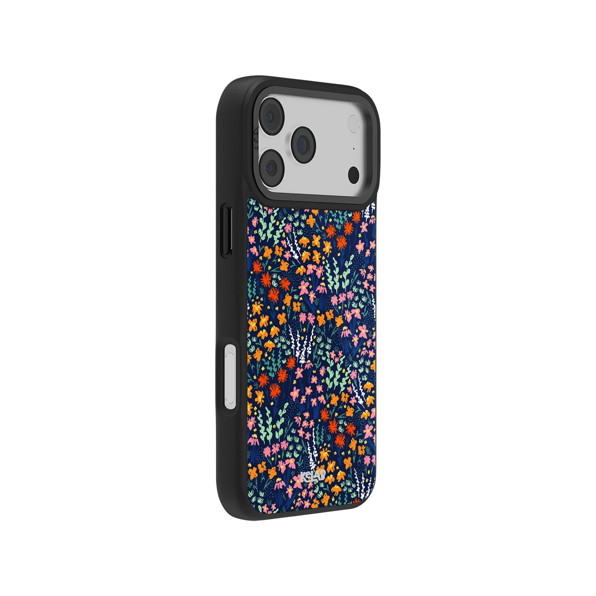 Colorful floral Midnight Meadow Phone Case in navy, featuring side view of slim, durable design with vivid wildflower pattern.