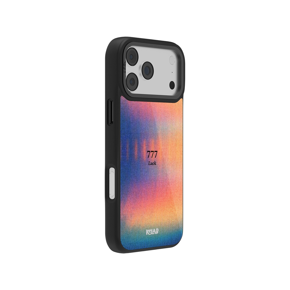 Side view of Angel Number 777 iPhone Case showing colorful retro gradient and slim profile, blending Y2K and spiritual design elements.