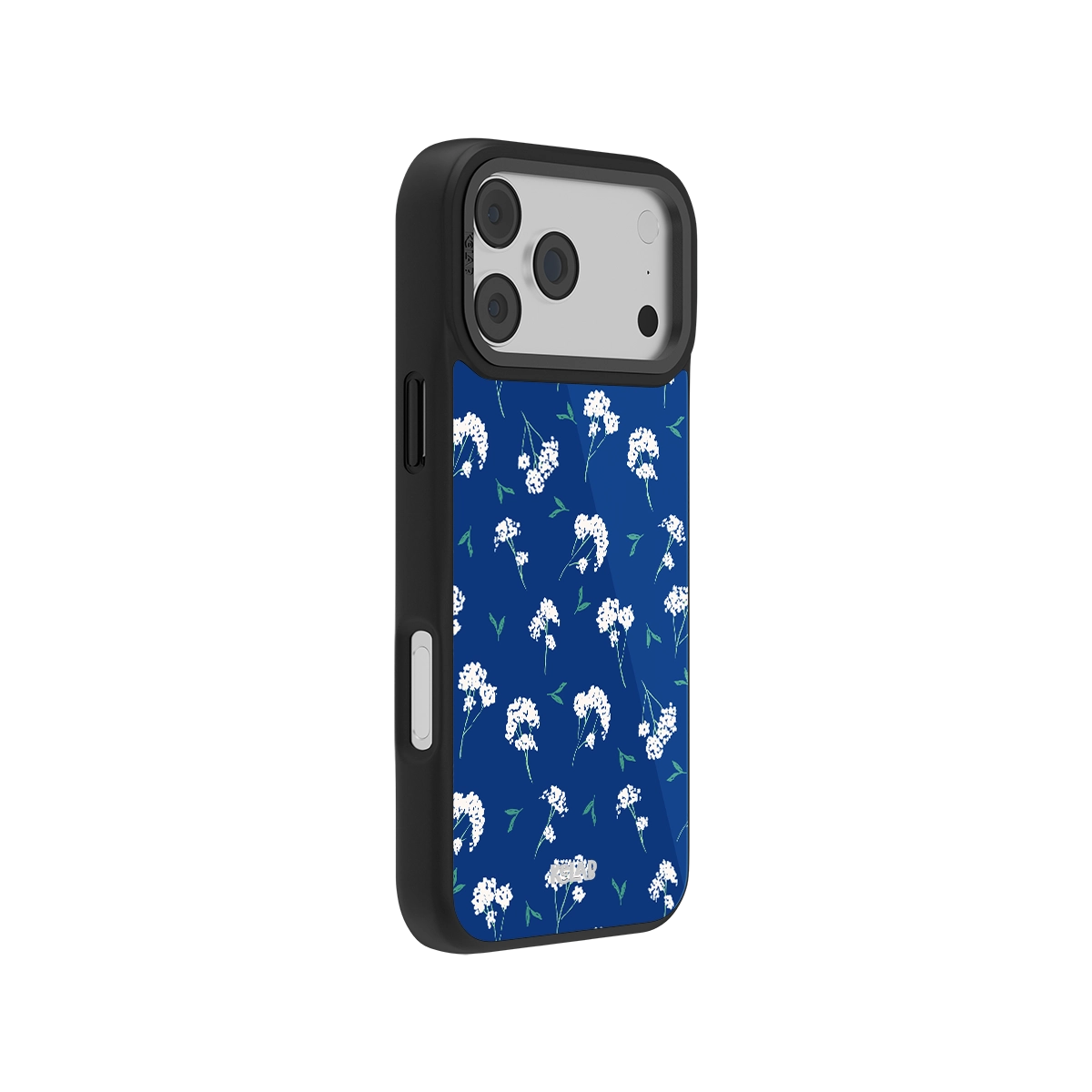 Cobalt blue iPhone case with delicate white floral pattern and green accents, offering a sleek and elegant mobile accessory design.