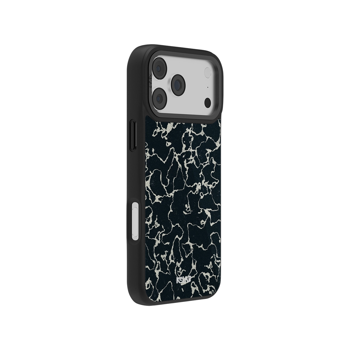 Side view of KELAB's Abstract Black Marble iPhone Case showing slim profile and precise cutouts. Elegant and protective phone accessory.