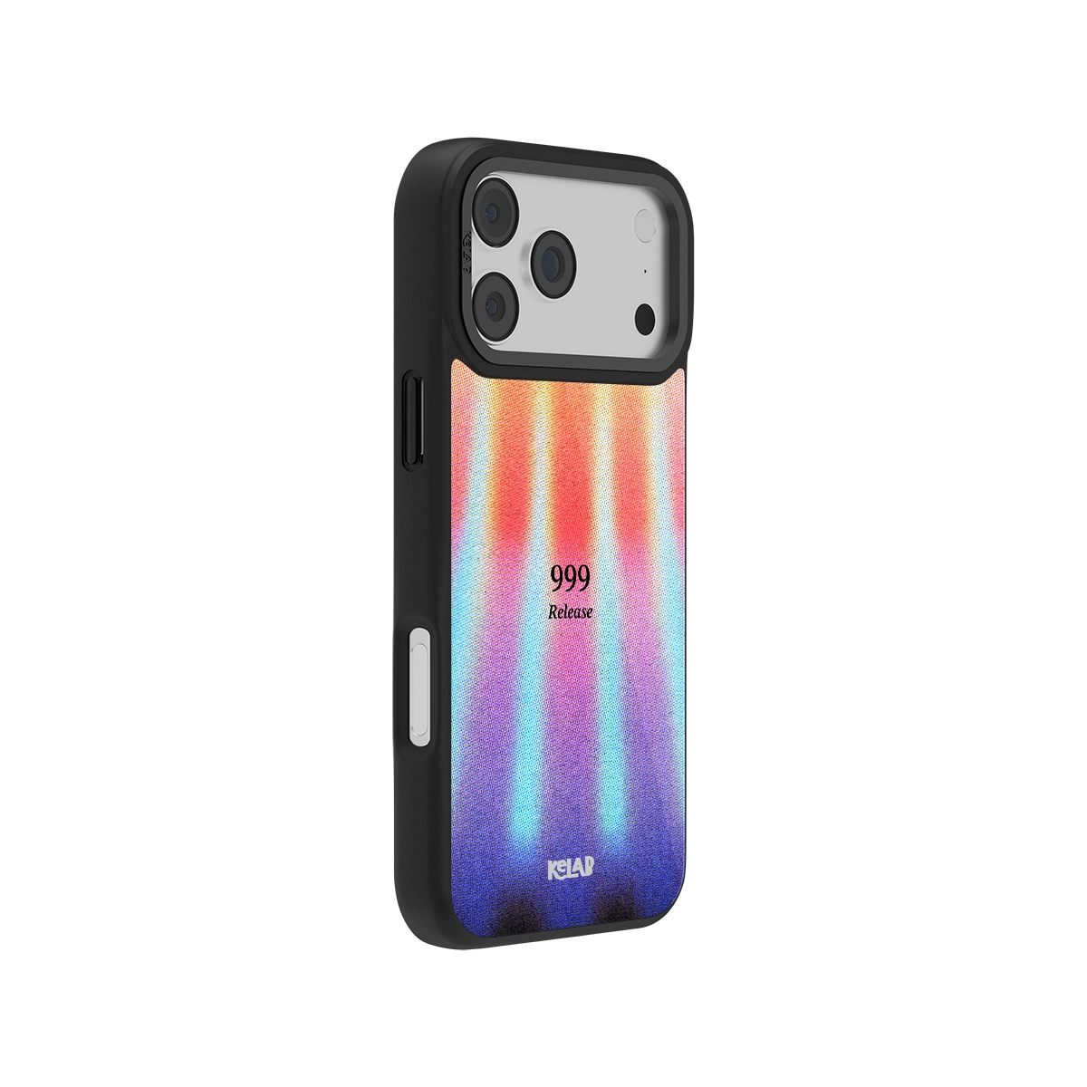 Side view of Angel Number 999 iPhone Case showing colorful abstract gradient and minimal text design with durable black bumper edges.