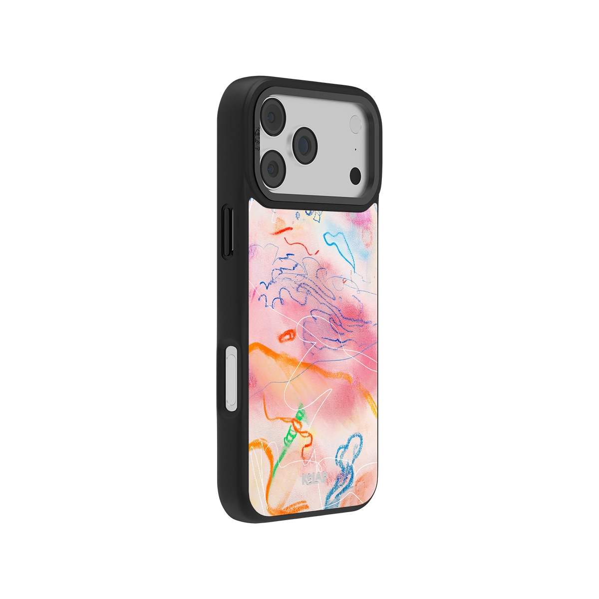 Side view of Abstract Art Phone Case featuring vivid scribble design and hand-drawn style on a classic iPhone case with black bumper.