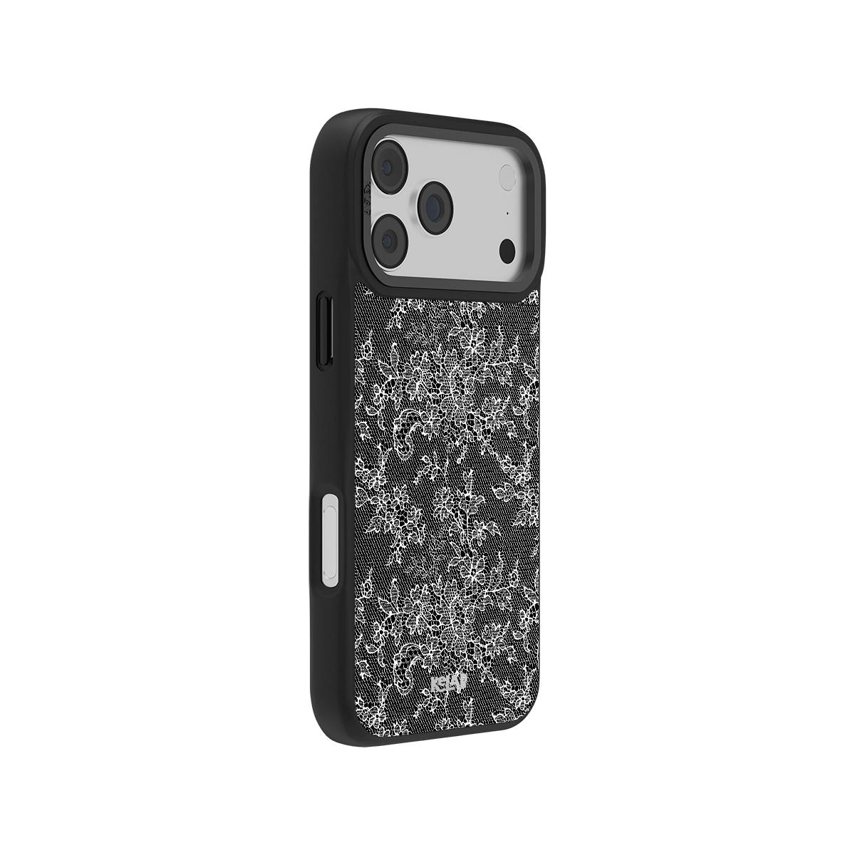 Black floral iPhone Case with chrome silver accents, compatible with iPhone 14 Pro Max and similar models.