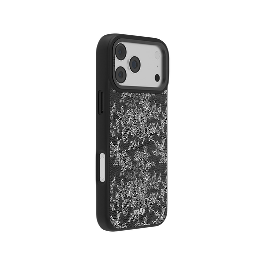 Black floral iPhone Case with chrome silver accents, compatible with iPhone 14 Pro Max and similar models.