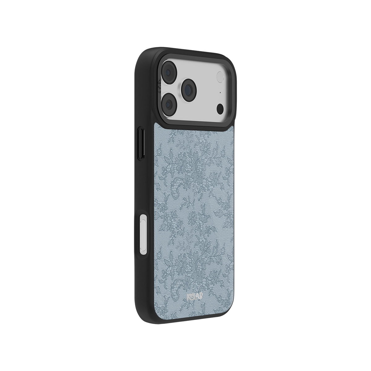 Black iPhone Case with botanical floral design in light blue and iridescent finish for iPhone 17 models