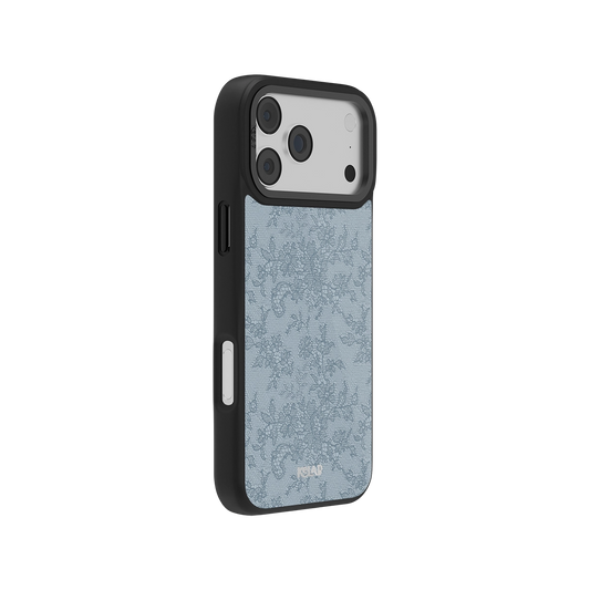 Black iPhone Case with botanical floral design in light blue and iridescent finish for iPhone 17 models