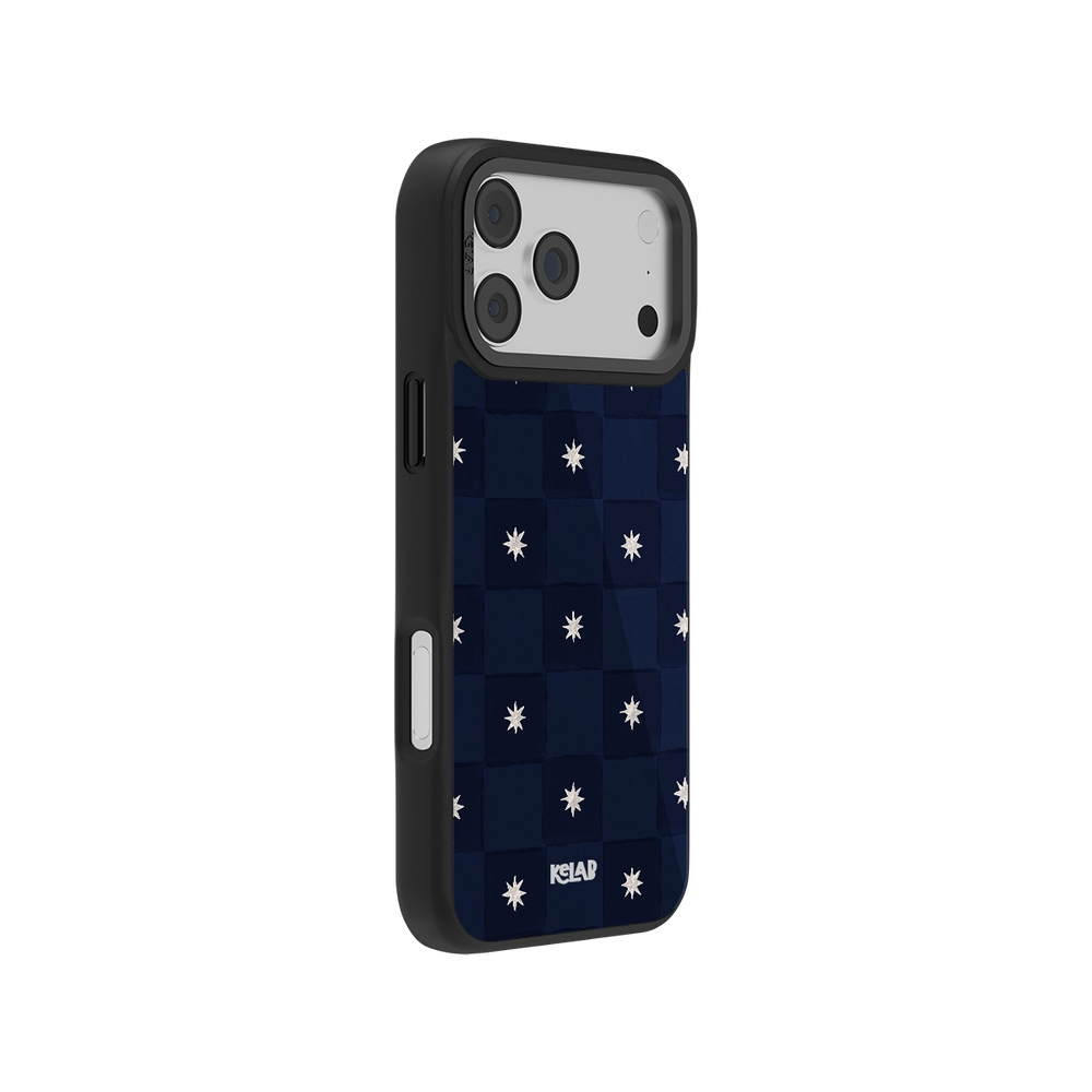 Classic Navy Checkered iPhone Case with celestial star pattern and black bumper edges, combining minimalist goth and modern nautical aesthetics.