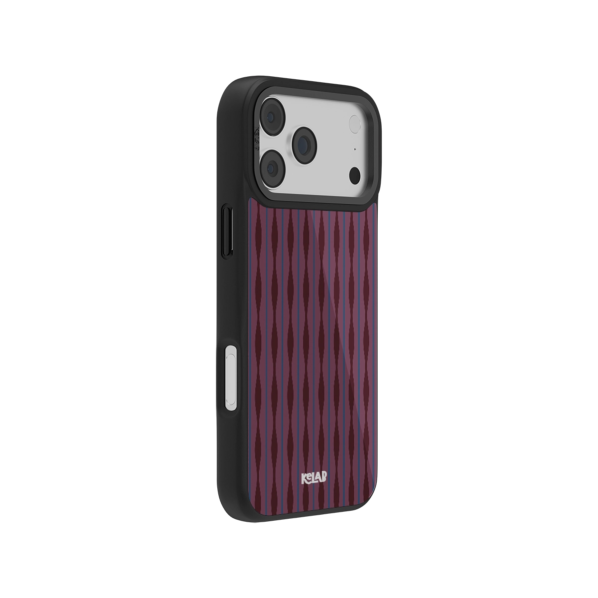 Stylish purple geometric-pattern iPhone case, durable material, sleek black edges, perfect fit for protection.