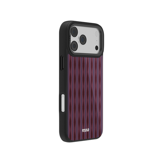 Stylish purple geometric-pattern iPhone case, durable material, sleek black edges, perfect fit for protection.