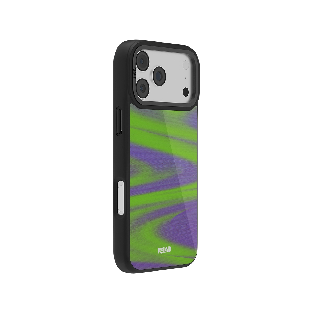 Black phone case with green and purple abstract design, perfect for protection and style.