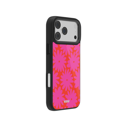 Colorful floral iPhone case in red and pink, designed for protection and style.