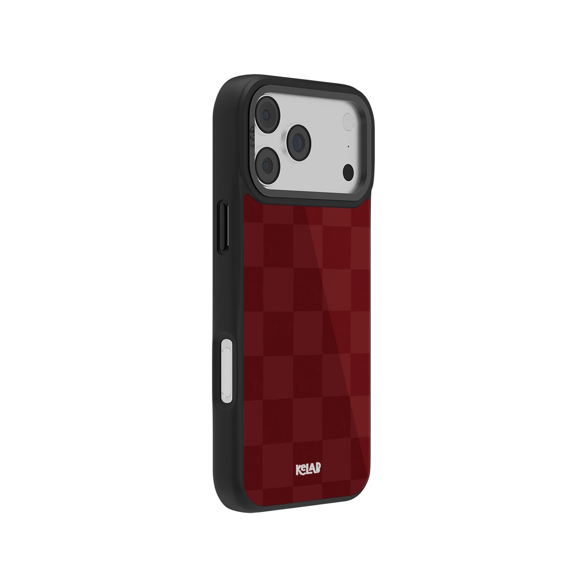 Red checkered phone case for iPhone, sleek design with black trim, durable and stylish.